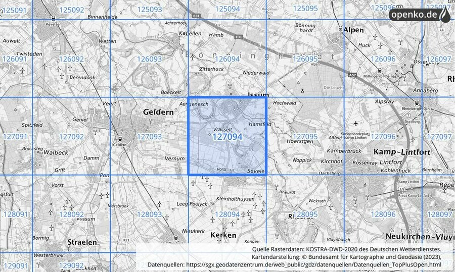 Übersichtskarte des KOSTRA-DWD-2020-Rasterfeldes Nr. 127094