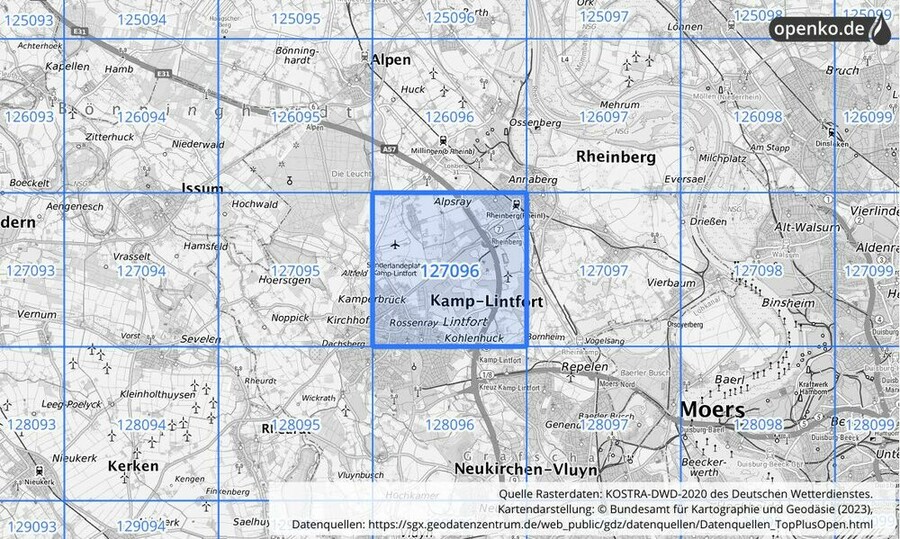 Übersichtskarte des KOSTRA-DWD-2020-Rasterfeldes Nr. 127096