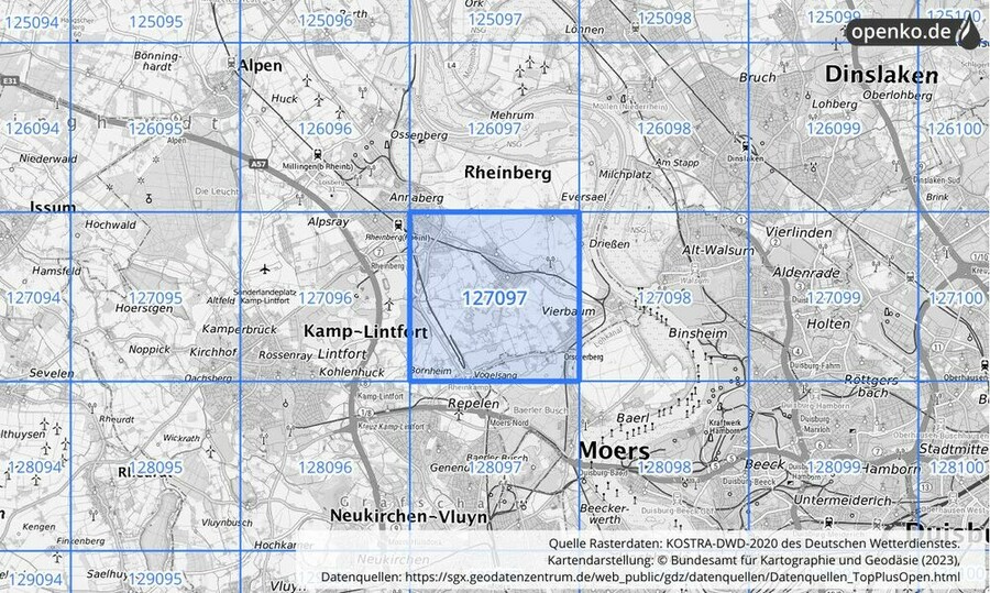 Übersichtskarte des KOSTRA-DWD-2020-Rasterfeldes Nr. 127097