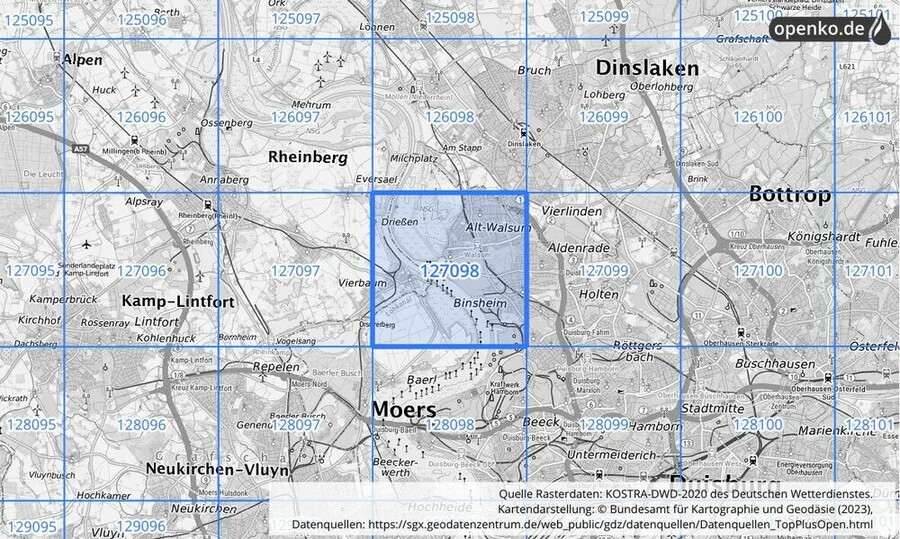 Übersichtskarte des KOSTRA-DWD-2020-Rasterfeldes Nr. 127098