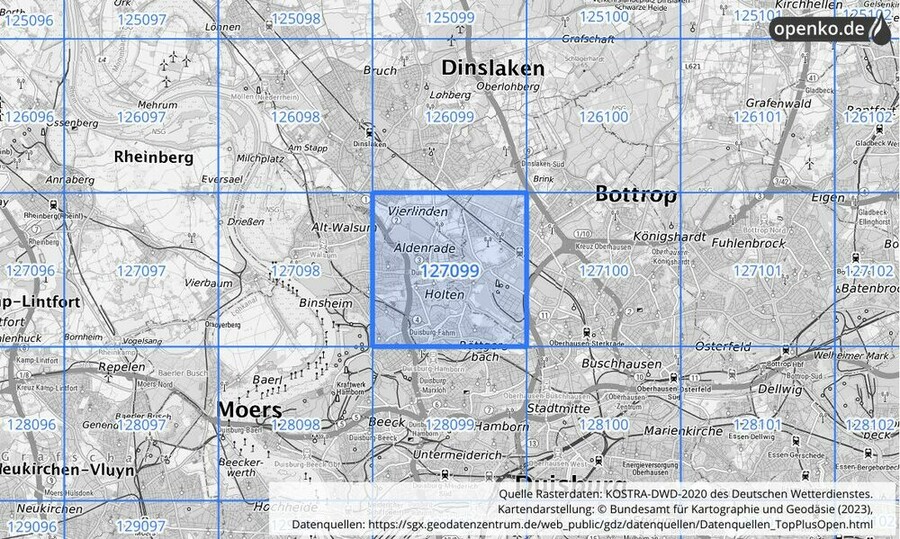 Übersichtskarte des KOSTRA-DWD-2020-Rasterfeldes Nr. 127099