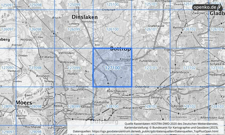 Übersichtskarte des KOSTRA-DWD-2020-Rasterfeldes Nr. 127100