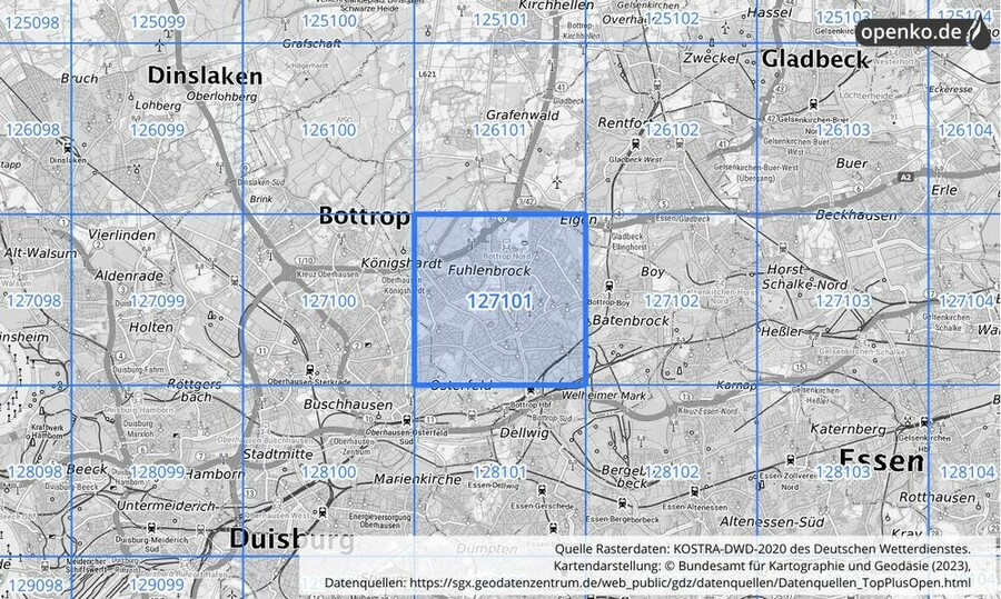 Übersichtskarte des KOSTRA-DWD-2020-Rasterfeldes Nr. 127101