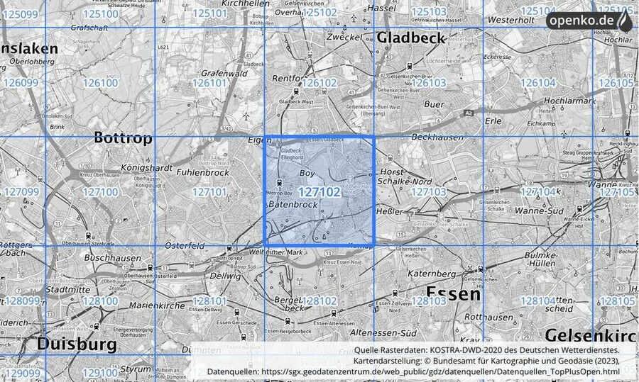 Übersichtskarte des KOSTRA-DWD-2020-Rasterfeldes Nr. 127102