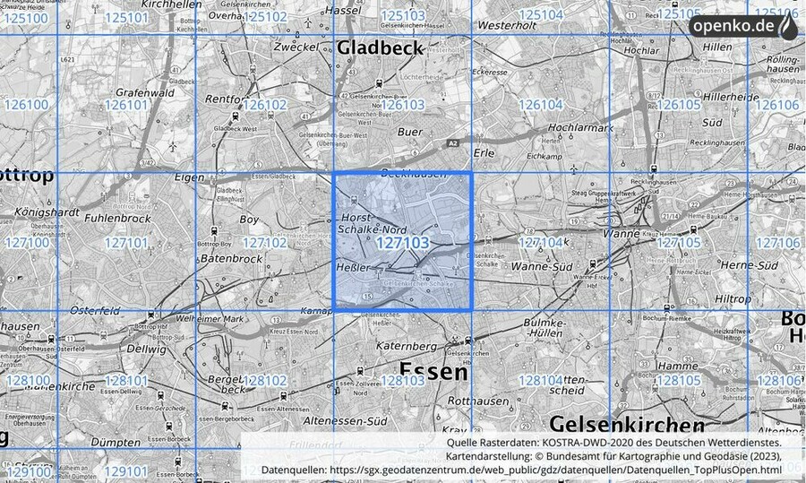 Übersichtskarte des KOSTRA-DWD-2020-Rasterfeldes Nr. 127103