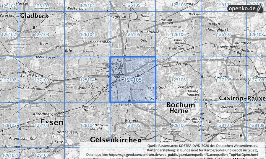 Übersichtskarte des KOSTRA-DWD-2020-Rasterfeldes Nr. 127105