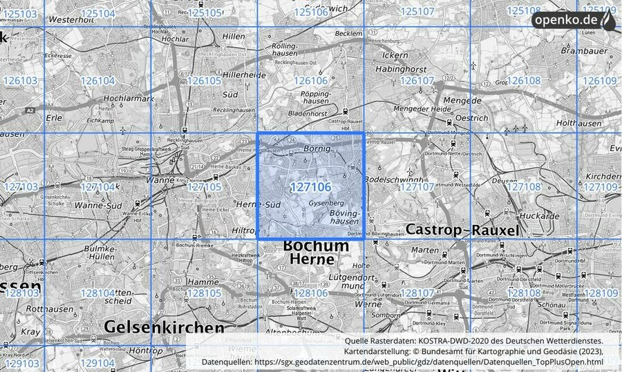 Übersichtskarte des KOSTRA-DWD-2020-Rasterfeldes Nr. 127106