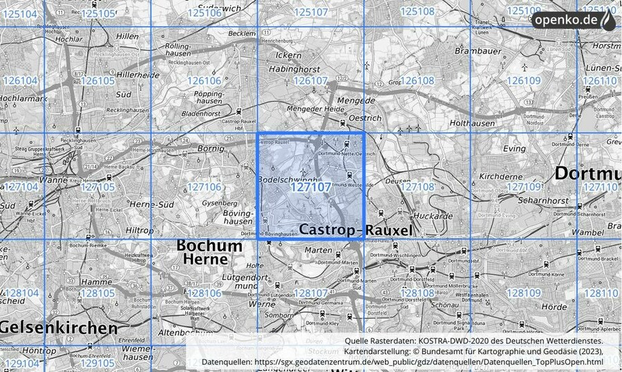 Übersichtskarte des KOSTRA-DWD-2020-Rasterfeldes Nr. 127107