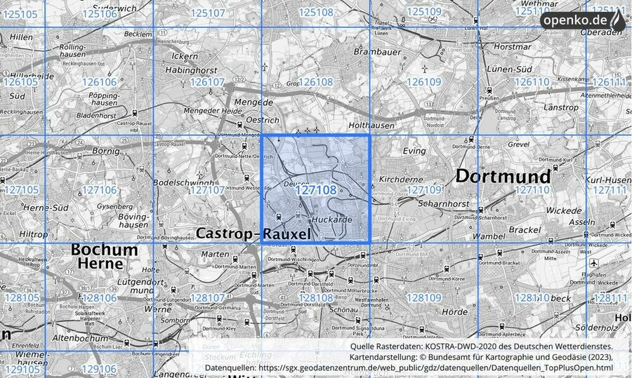 Übersichtskarte des KOSTRA-DWD-2020-Rasterfeldes Nr. 127108