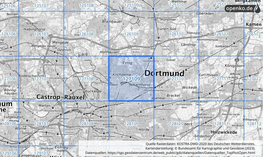 Übersichtskarte des KOSTRA-DWD-2020-Rasterfeldes Nr. 127109