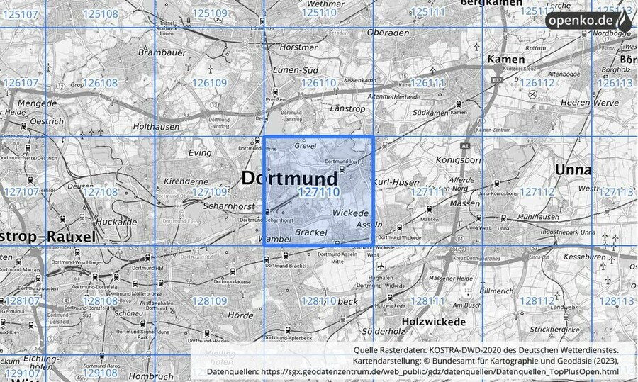 Übersichtskarte des KOSTRA-DWD-2020-Rasterfeldes Nr. 127110