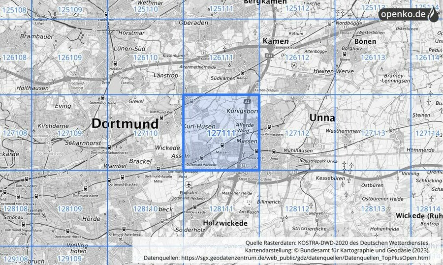 Übersichtskarte des KOSTRA-DWD-2020-Rasterfeldes Nr. 127111