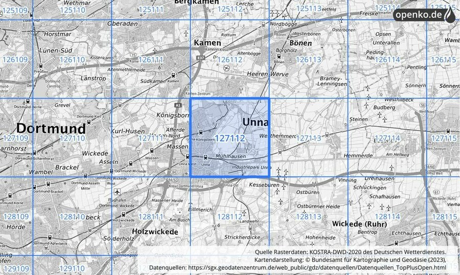 Übersichtskarte des KOSTRA-DWD-2020-Rasterfeldes Nr. 127112