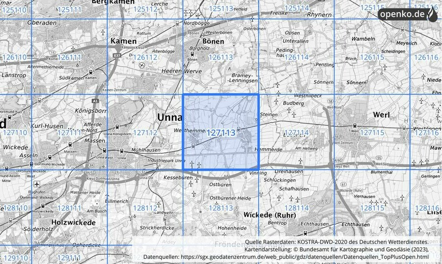 Übersichtskarte des KOSTRA-DWD-2020-Rasterfeldes Nr. 127113