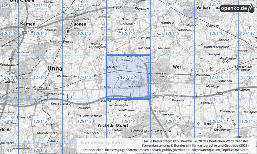 Übersichtskarte des KOSTRA-DWD-2020-Rasterfeldes Nr. 127114