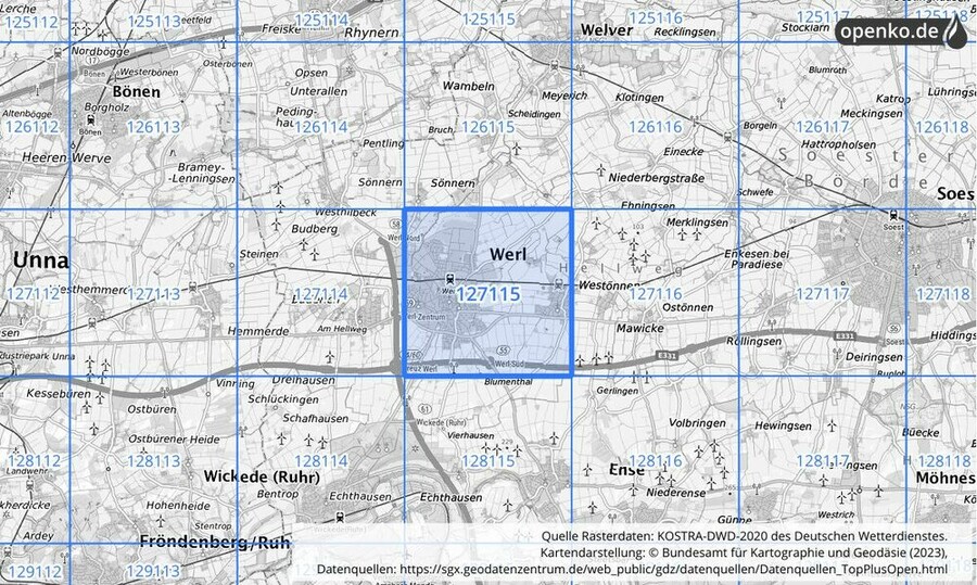 Übersichtskarte des KOSTRA-DWD-2020-Rasterfeldes Nr. 127115