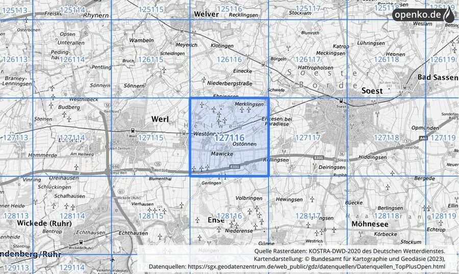 Übersichtskarte des KOSTRA-DWD-2020-Rasterfeldes Nr. 127116