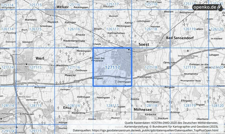 Übersichtskarte des KOSTRA-DWD-2020-Rasterfeldes Nr. 127117