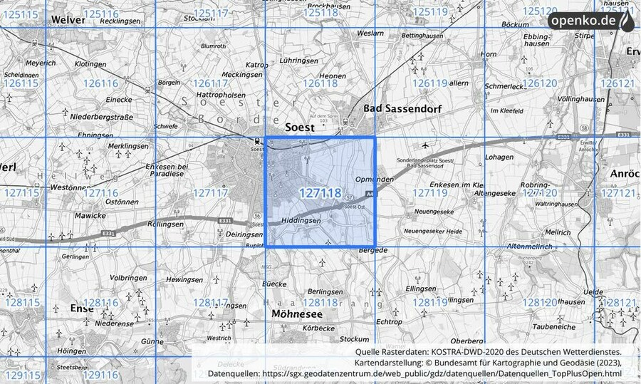 Übersichtskarte des KOSTRA-DWD-2020-Rasterfeldes Nr. 127118