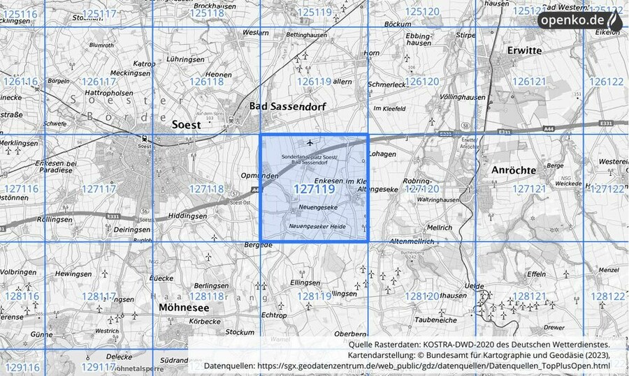 Übersichtskarte des KOSTRA-DWD-2020-Rasterfeldes Nr. 127119