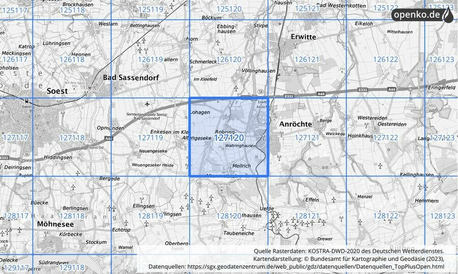 Übersichtskarte des KOSTRA-DWD-2020-Rasterfeldes Nr. 127120