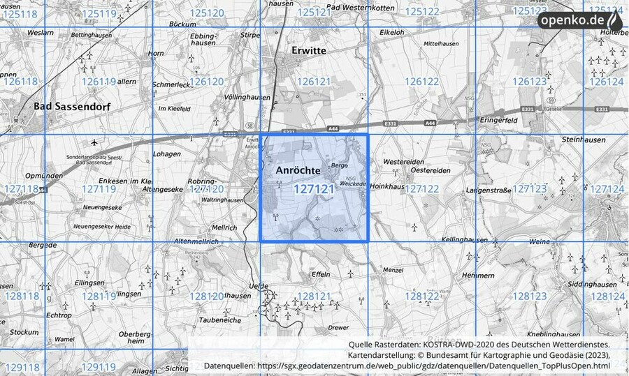 Übersichtskarte des KOSTRA-DWD-2020-Rasterfeldes Nr. 127121