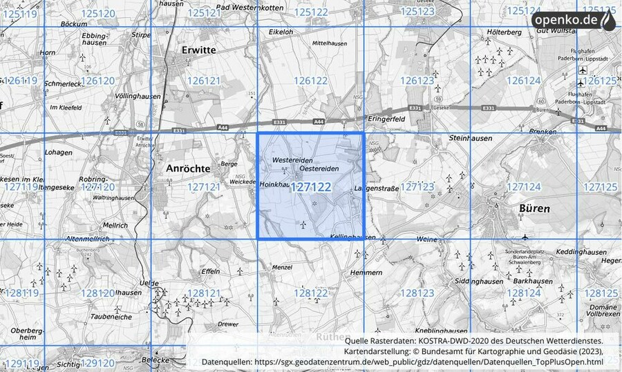 Übersichtskarte des KOSTRA-DWD-2020-Rasterfeldes Nr. 127122