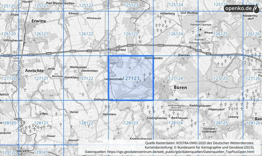 Übersichtskarte des KOSTRA-DWD-2020-Rasterfeldes Nr. 127123