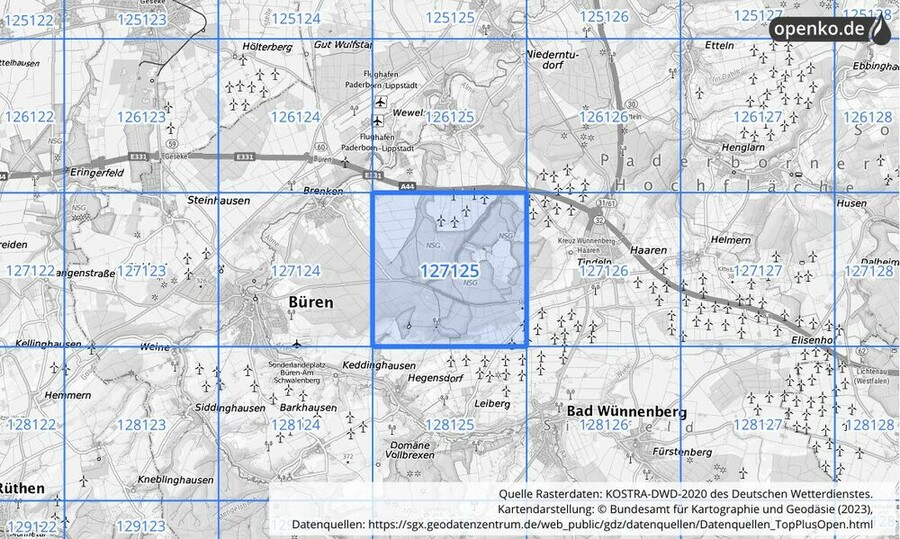 Übersichtskarte des KOSTRA-DWD-2020-Rasterfeldes Nr. 127125