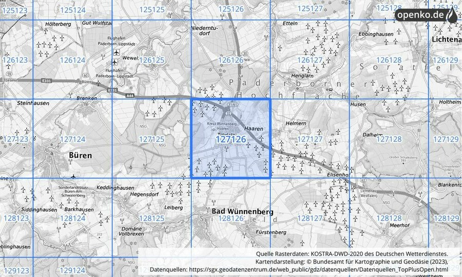 Übersichtskarte des KOSTRA-DWD-2020-Rasterfeldes Nr. 127126