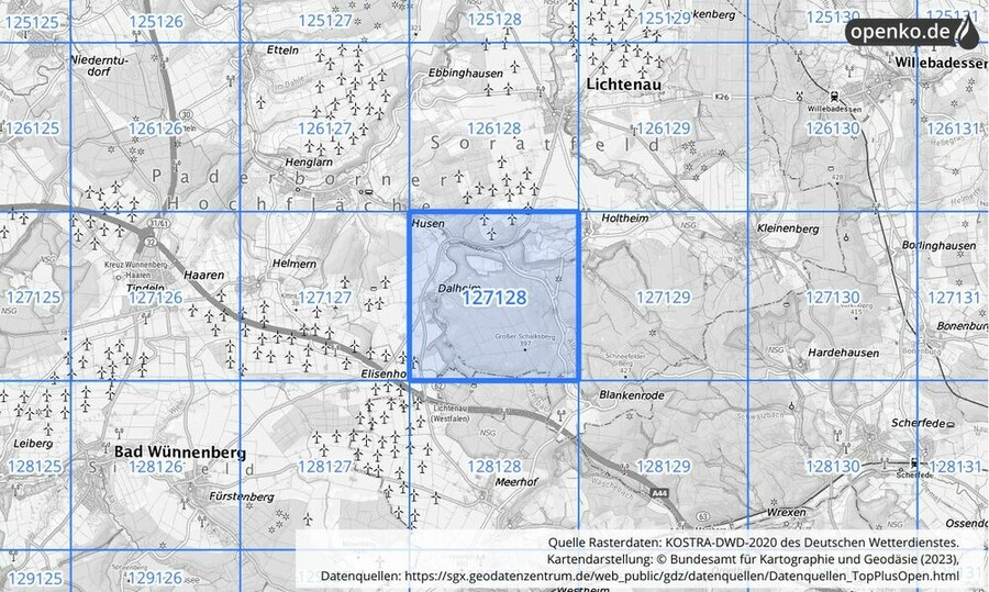 Übersichtskarte des KOSTRA-DWD-2020-Rasterfeldes Nr. 127128