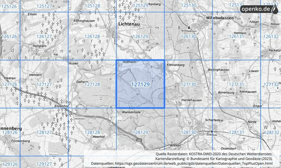 Übersichtskarte des KOSTRA-DWD-2020-Rasterfeldes Nr. 127129