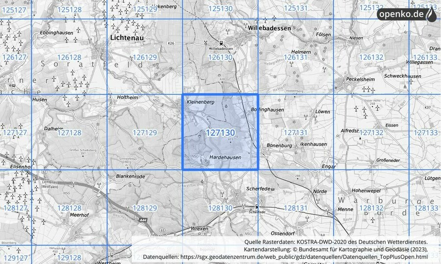 Übersichtskarte des KOSTRA-DWD-2020-Rasterfeldes Nr. 127130