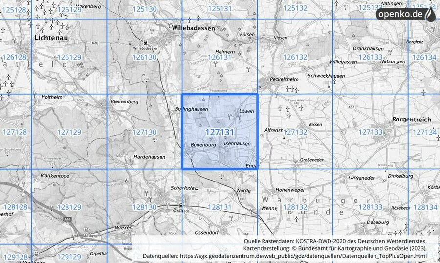 Übersichtskarte des KOSTRA-DWD-2020-Rasterfeldes Nr. 127131