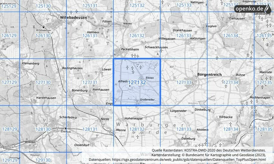 Übersichtskarte des KOSTRA-DWD-2020-Rasterfeldes Nr. 127132