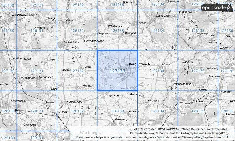 Übersichtskarte des KOSTRA-DWD-2020-Rasterfeldes Nr. 127133