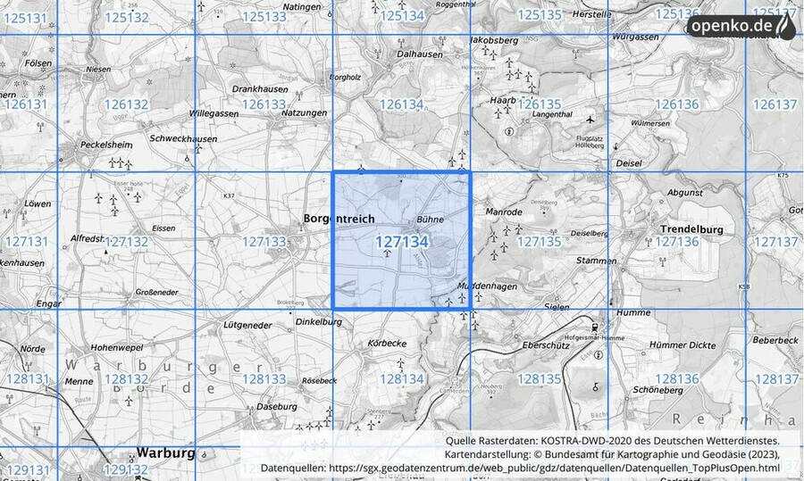 Übersichtskarte des KOSTRA-DWD-2020-Rasterfeldes Nr. 127134