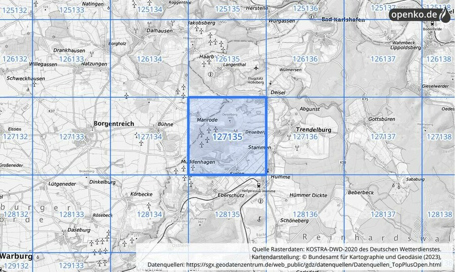 Übersichtskarte des KOSTRA-DWD-2020-Rasterfeldes Nr. 127135