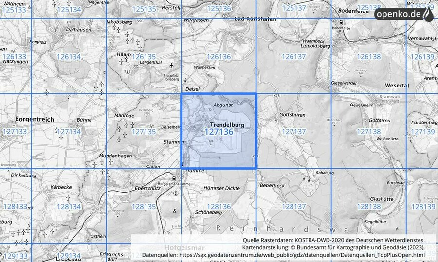 Übersichtskarte des KOSTRA-DWD-2020-Rasterfeldes Nr. 127136