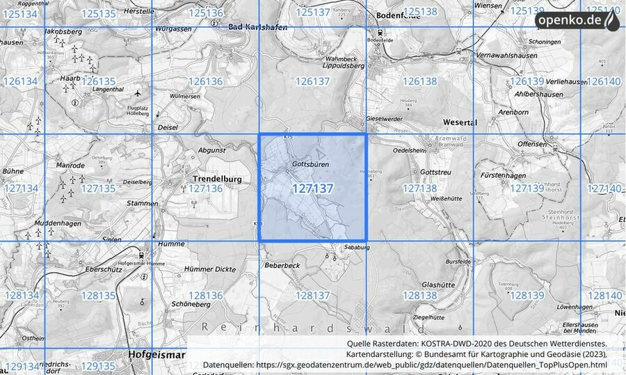 Übersichtskarte des KOSTRA-DWD-2020-Rasterfeldes Nr. 127137