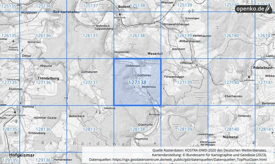 Übersichtskarte des KOSTRA-DWD-2020-Rasterfeldes Nr. 127138