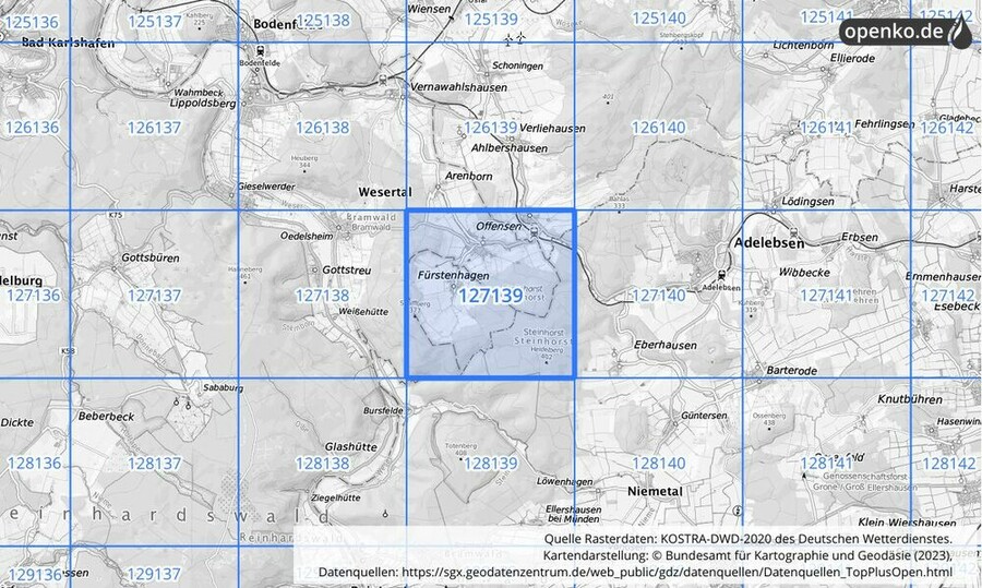 Übersichtskarte des KOSTRA-DWD-2020-Rasterfeldes Nr. 127139