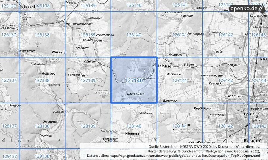 Übersichtskarte des KOSTRA-DWD-2020-Rasterfeldes Nr. 127140