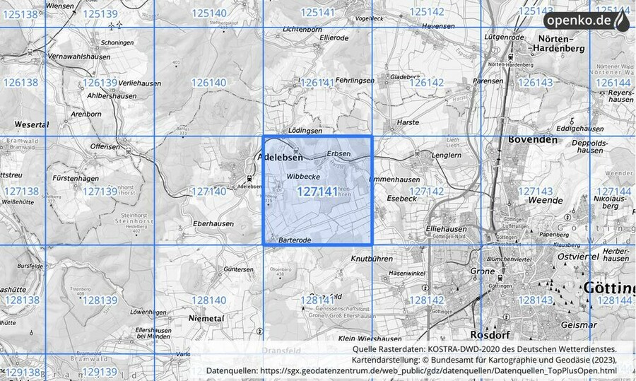 Übersichtskarte des KOSTRA-DWD-2020-Rasterfeldes Nr. 127141