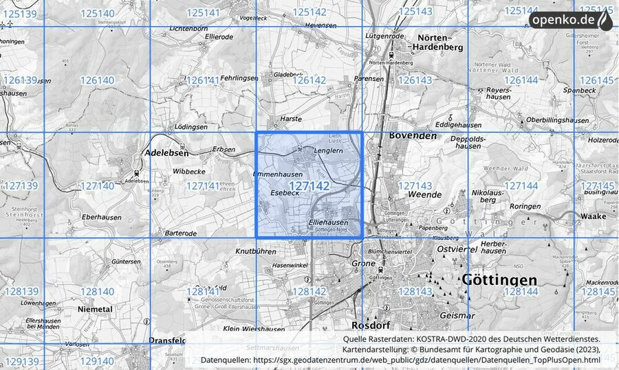 Übersichtskarte des KOSTRA-DWD-2020-Rasterfeldes Nr. 127142