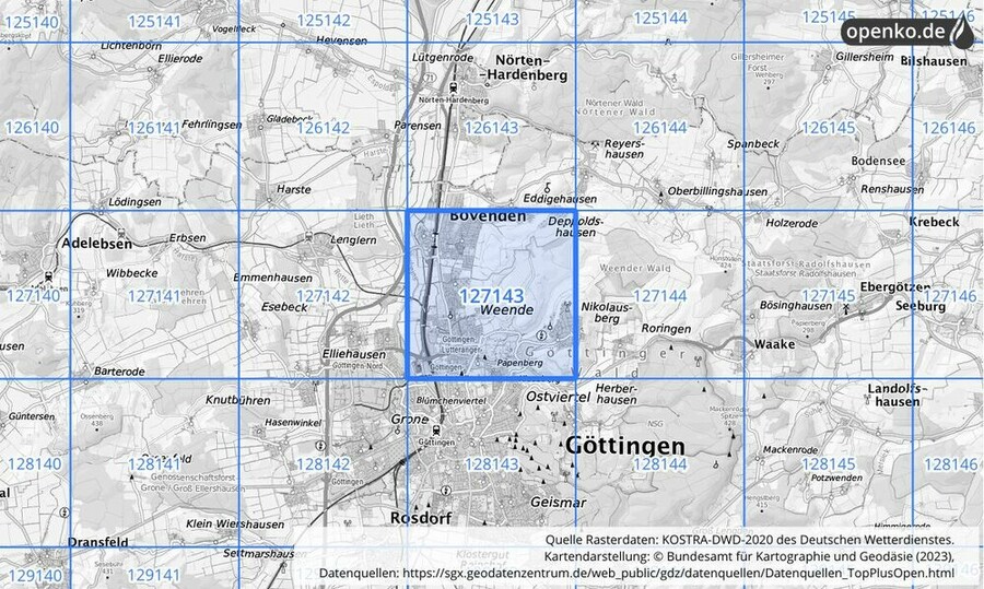 Übersichtskarte des KOSTRA-DWD-2020-Rasterfeldes Nr. 127143