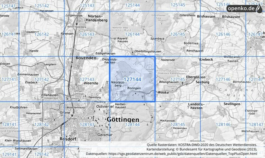 Übersichtskarte des KOSTRA-DWD-2020-Rasterfeldes Nr. 127144