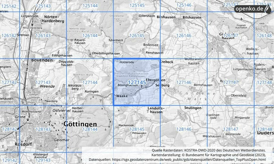 Übersichtskarte des KOSTRA-DWD-2020-Rasterfeldes Nr. 127145