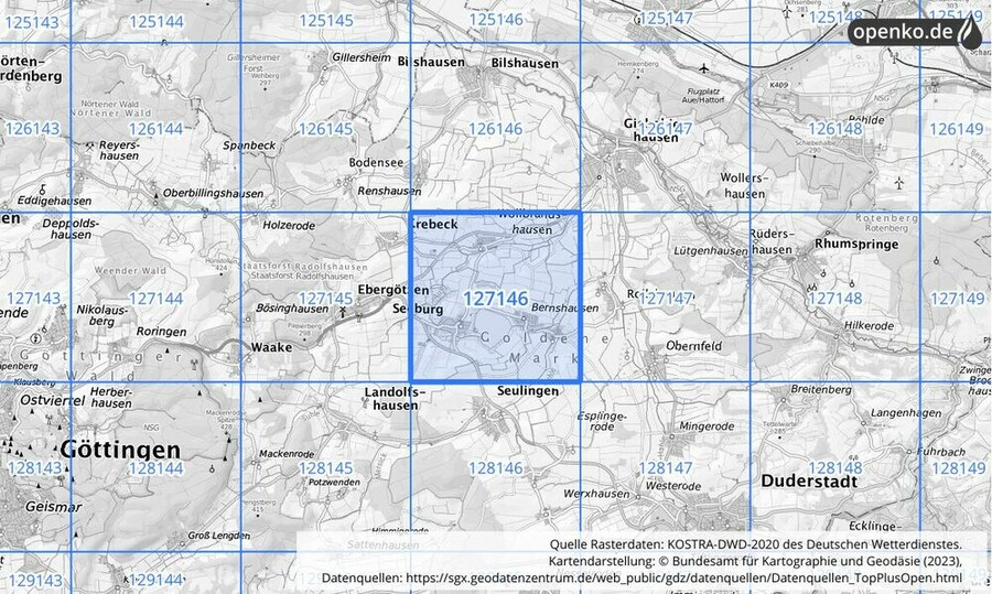 Übersichtskarte des KOSTRA-DWD-2020-Rasterfeldes Nr. 127146