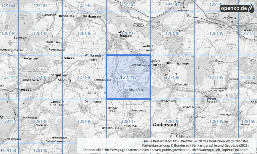 Übersichtskarte des KOSTRA-DWD-2020-Rasterfeldes Nr. 127147